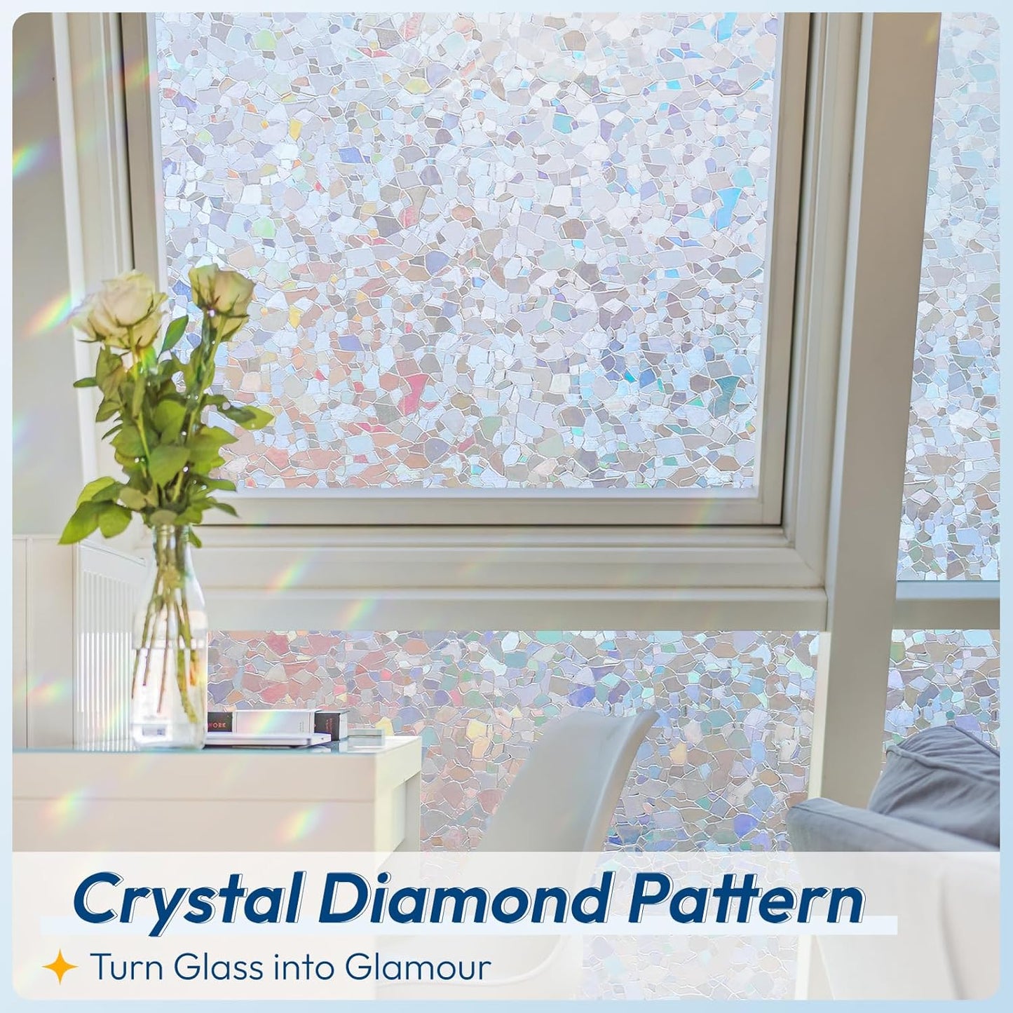 rabbitgoo Rainbow Window Privacy Film Decorative Stained Glass Diamond Pattern Window Sticker with Iridescent Tint Non-Adhesive Static Cling for Home Office Crystal Pattern, 23.6 x 157.4 inch
