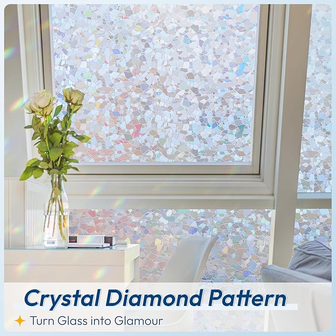 rabbitgoo Rainbow Window Privacy Film Decorative Stained Glass Diamond Pattern Window Sticker with Iridescent Tint Non-Adhesive Static Cling for Home Office Crystal Pattern, 17.5 x 157.4 inch