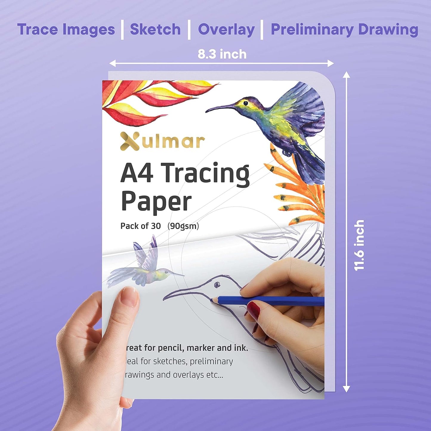 Xulmar Tracing Paper A4 90 GSM - Pack of 30 Sheets Tracing Paper for Sewing Patterns, Drawing Overlays & Sketching on Art Paper & Sketch Book