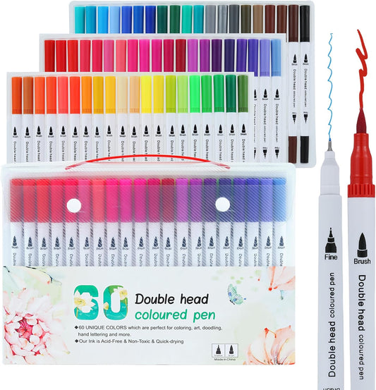 Water-based Ink Brush Markers Pens for Kids Adult, 60 Colors Dual Tip Drawing Markers for Sketching Coloring Note-taking Calligraphy, Office & School Supplies