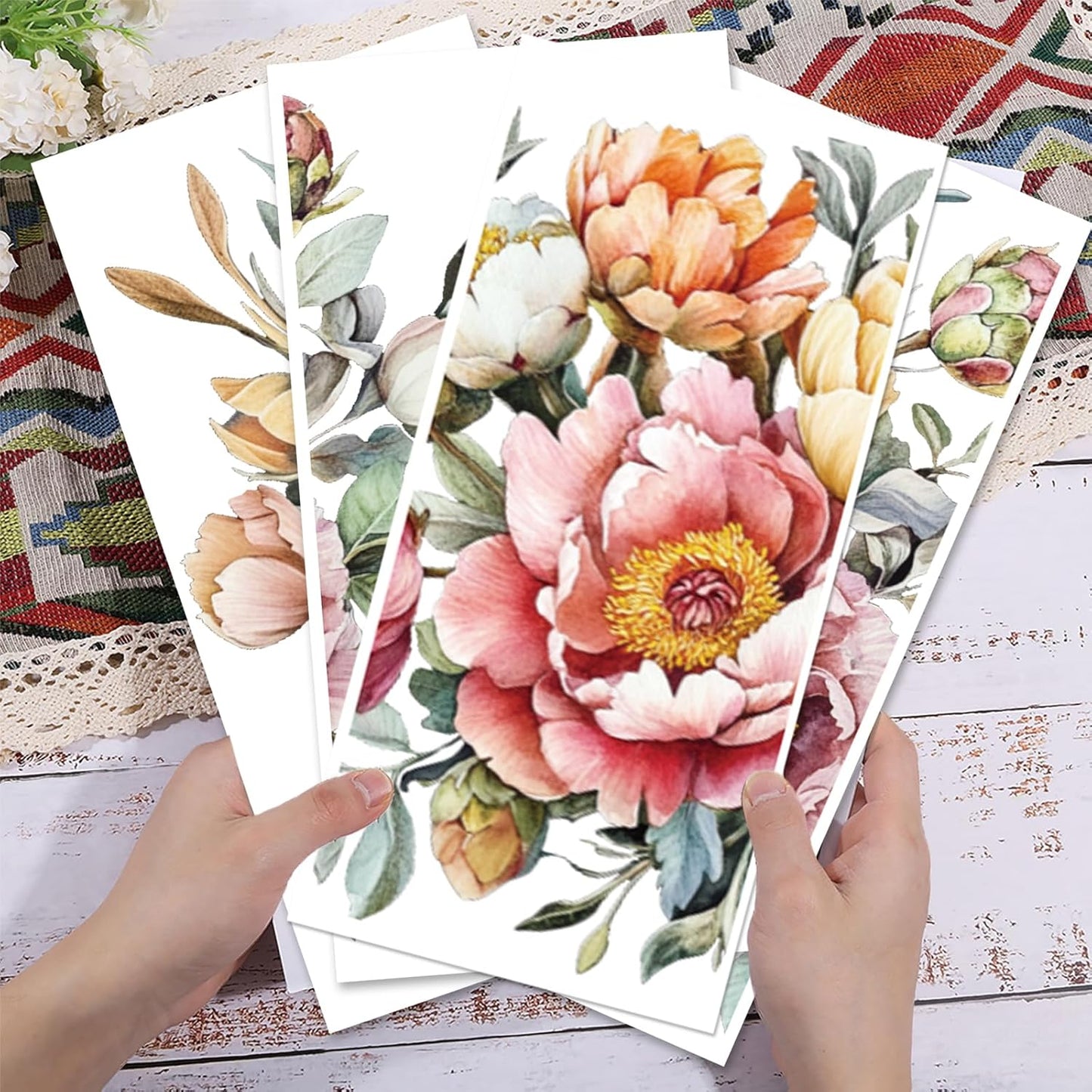 GLOBLELAND 4 Sheets Spring Peony Flowers Furniture Transfer 11.8x5.9inch Vintage Flowers Rub on Transfer UV Self-Adhesive Stickers Wall Art Craft for Bedroom Living Room Desk Table