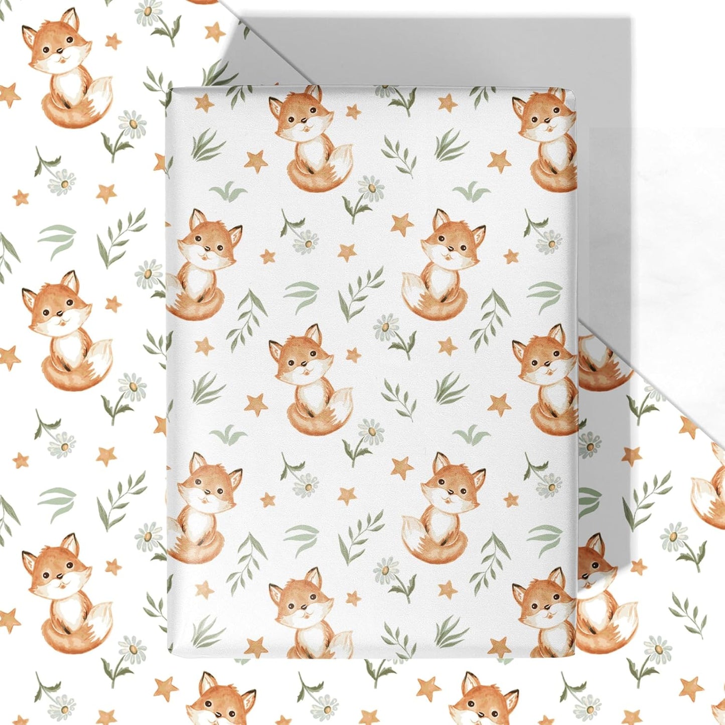 WRAPLULU Fox Wrapping Paper - 4 Jumbo Sheets, 28 * 40 Inches - Woodland Christmas Gift Wrap with Stars Floral and Leave, Perfect for Xmas, Birthdays, Baby Showers, Weddings