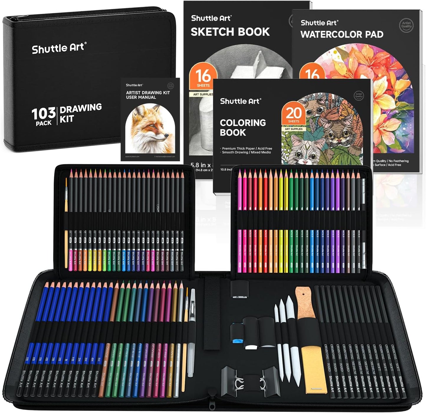 Shuttle Art 103 PCS Drawing Kit, Professional Drawing Supplies with Sketch, Charcoal, Colored, Graphite, Pastel Pencils & Sticks, Complete Drawing Tools and Paper Pads in Zipper Case for Artists&Kids