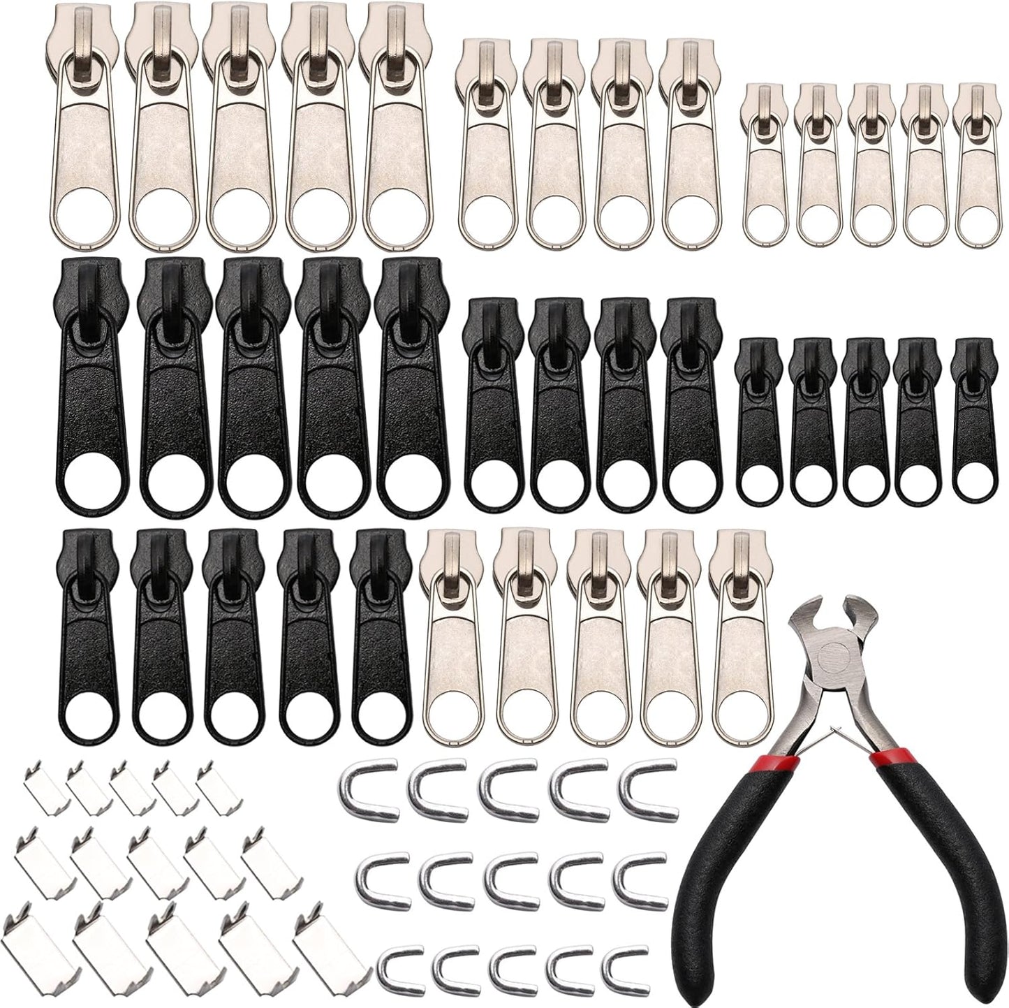 Zipper Replacement Pull Tabs Zip Fixer Zipper Repair Kit with Zipper Install Pliers Tool,161 Pieces