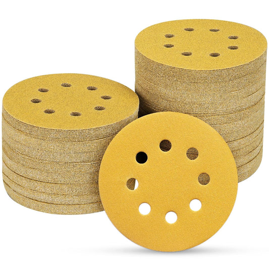 100PCS 5 Inch 8 Hole Sanding Discs 180 Grit,Gold Round Hook and Loop Sandpaper for Random Orbital Sander