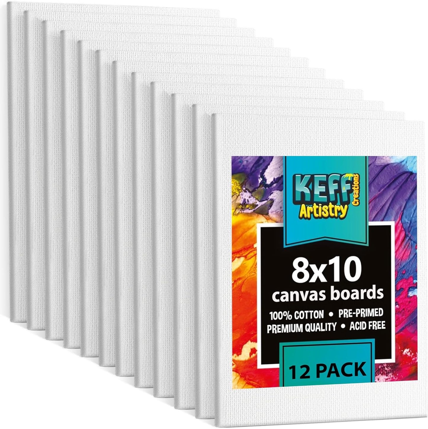 KEFF Canvas for Painting - 12-Pack 8x10 Canvas Value Pack - 100% Cotton Triple Primed Small Canvases for Painting. Mini Canvases Bulk Set for Acrylic, Oil, Watercolor&Tempera - Art Supplies for Adults