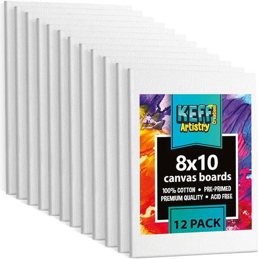 KEFF Canvas for Painting - 12-Pack 8x10 Canvas Value Pack - 100% Cotton Triple Primed Small Canvases for Painting. Mini Canvases Bulk Set for Acrylic, Oil, Watercolor&Tempera - Art Supplies for Adults