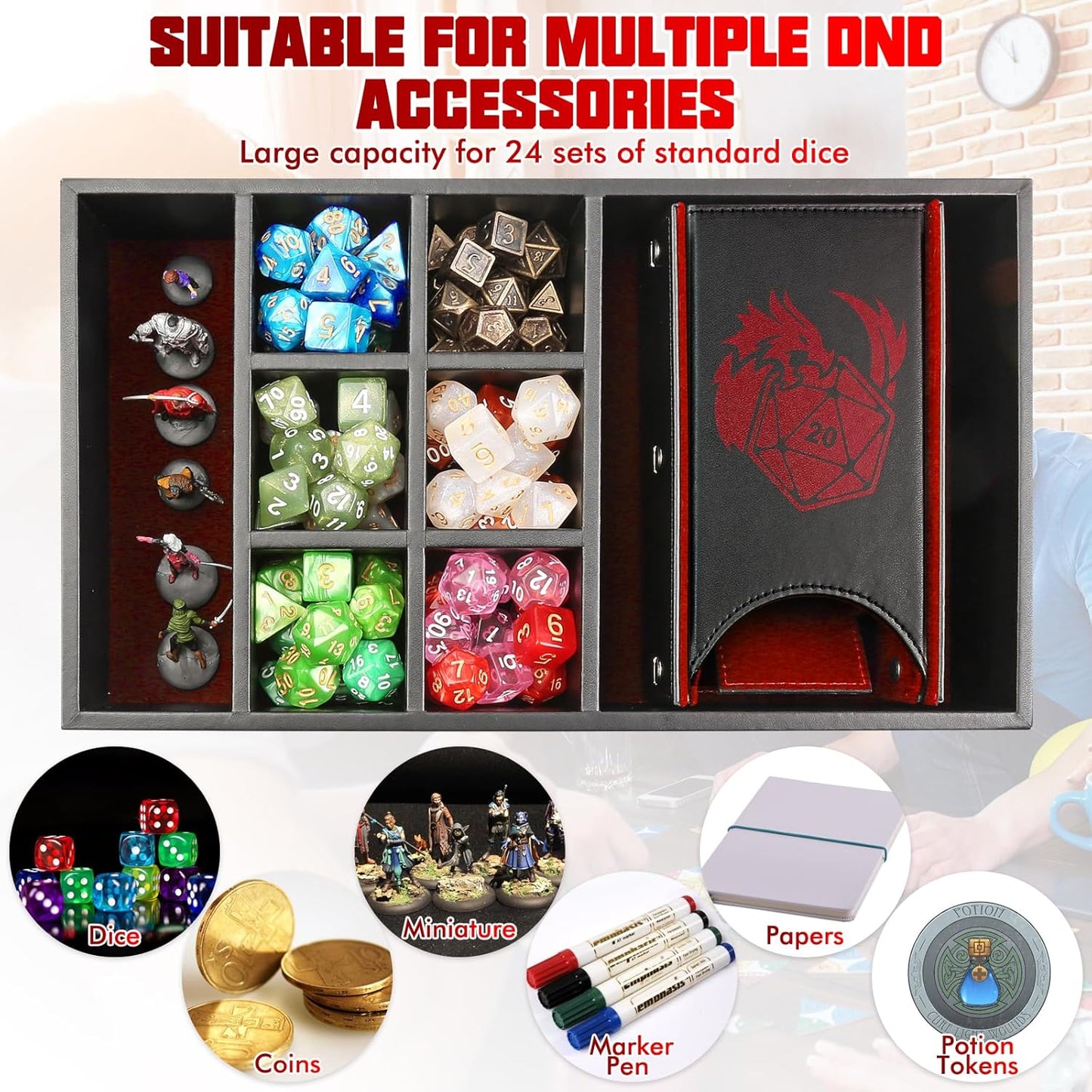 DND Dice Tray & Tower Storage Box, 4 in 1 D&D Dice Holder Case (Dice Rolling Tray, Dice Roller Tower, Dice & Miniature Storage), Great RPG Accessories Gifts for Dungeons and Dragons MTG DM & Player