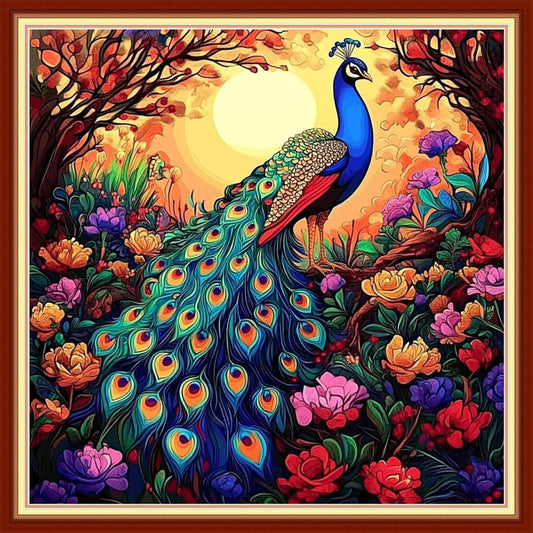 Foxhool Beginners Cross Stitch Kits Stamped Full Range of Embroidery Kits for Adults DIY Cross Stitches kit Embroidery Patterns for Needlepoint kit-Peacock Flower 18x18 inch