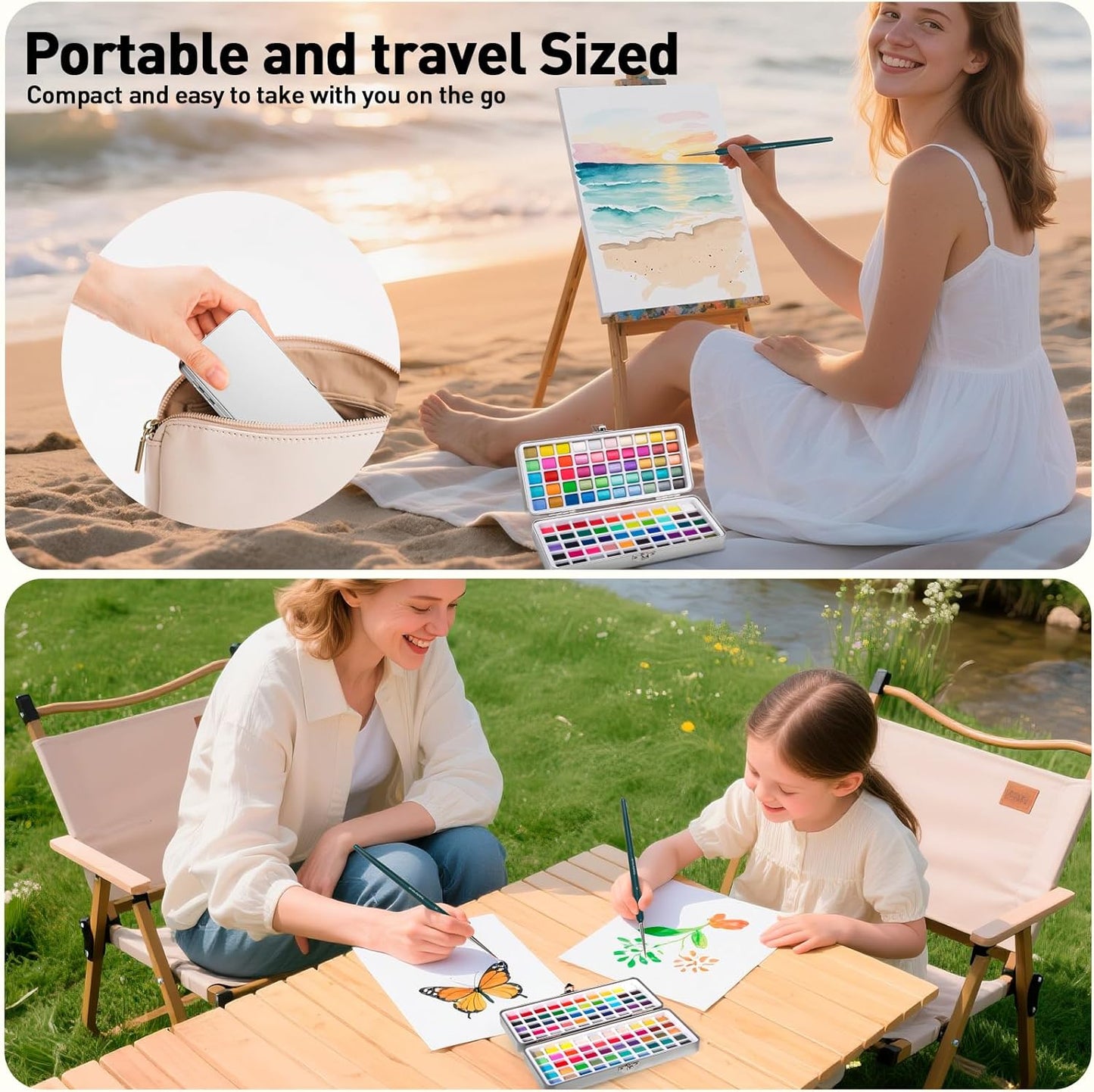 Watercolor Paint Set 100 Colors botkc Travel Water Colors kit with 7 Brushes 8 Watercolor papers Palette set Including Metallic and Accessories Art Supplies Gifts for Kids Artists Teens Adults and Hobbyists