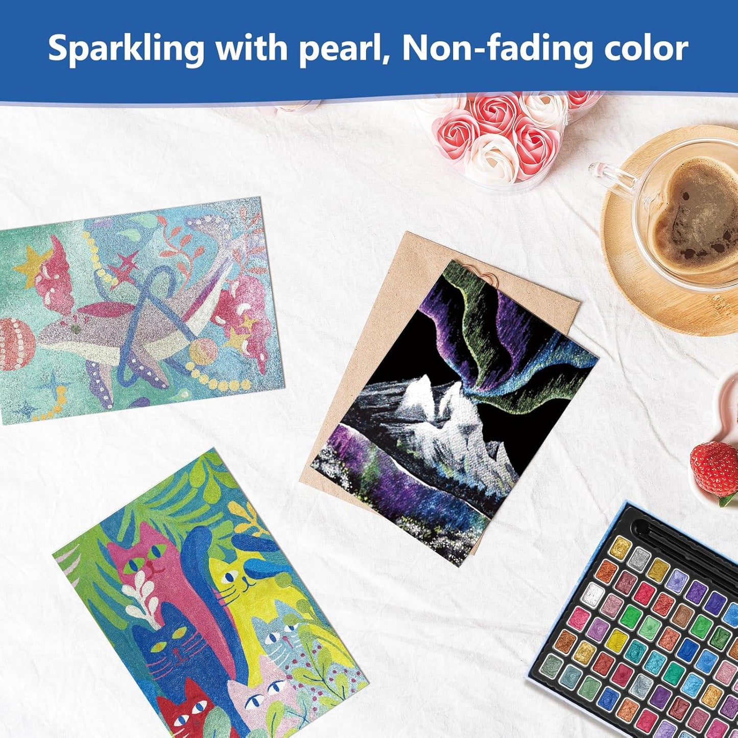 Mini Glitter Watercolor Paint Set with Paper, 60 Colors Shimmer Metallic Watercolour Painting Sets, Solid Pearl Water Color Paints for Adult, Kids, 1ml Trial Package(1ml 60 Colors)