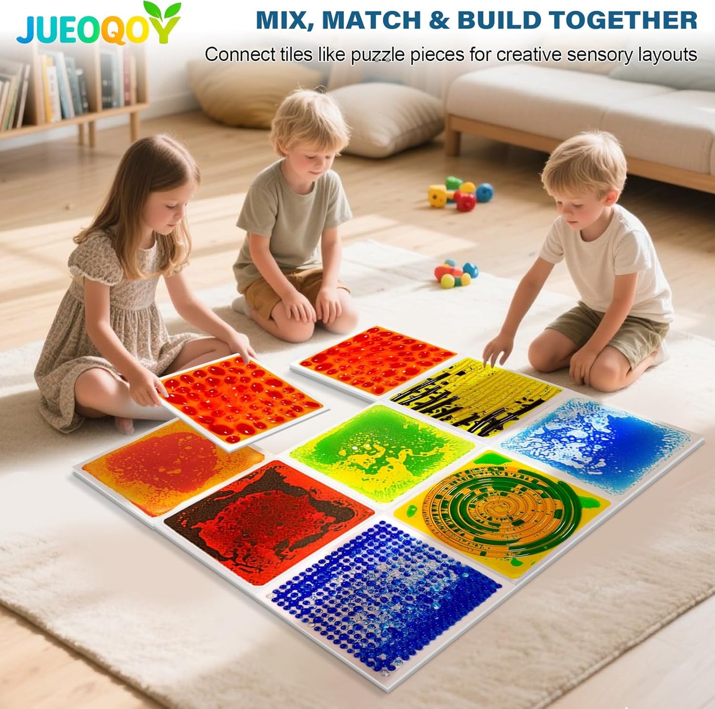 Liquid Sensory Floor Tile for Kids Ages 3+, 12" Textured Step-On Tile with Non-Slip Base, Interactive Color-Flow, Orange, for Calm Corners (1-Pack)