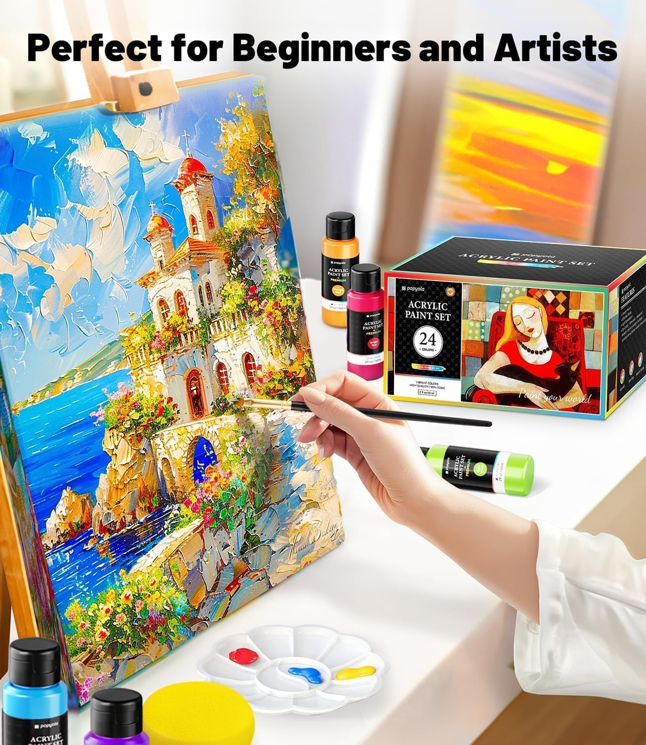 40 PCS Acrylic Paint Set with 12 Brushes, 2 Knives & Palette, 24 Colors (2oz/60ml) Art Craft Paint for Adults Kids Artists Beginners, Halloween Pumpkin Canvas Ceramic Rock Painting Kit