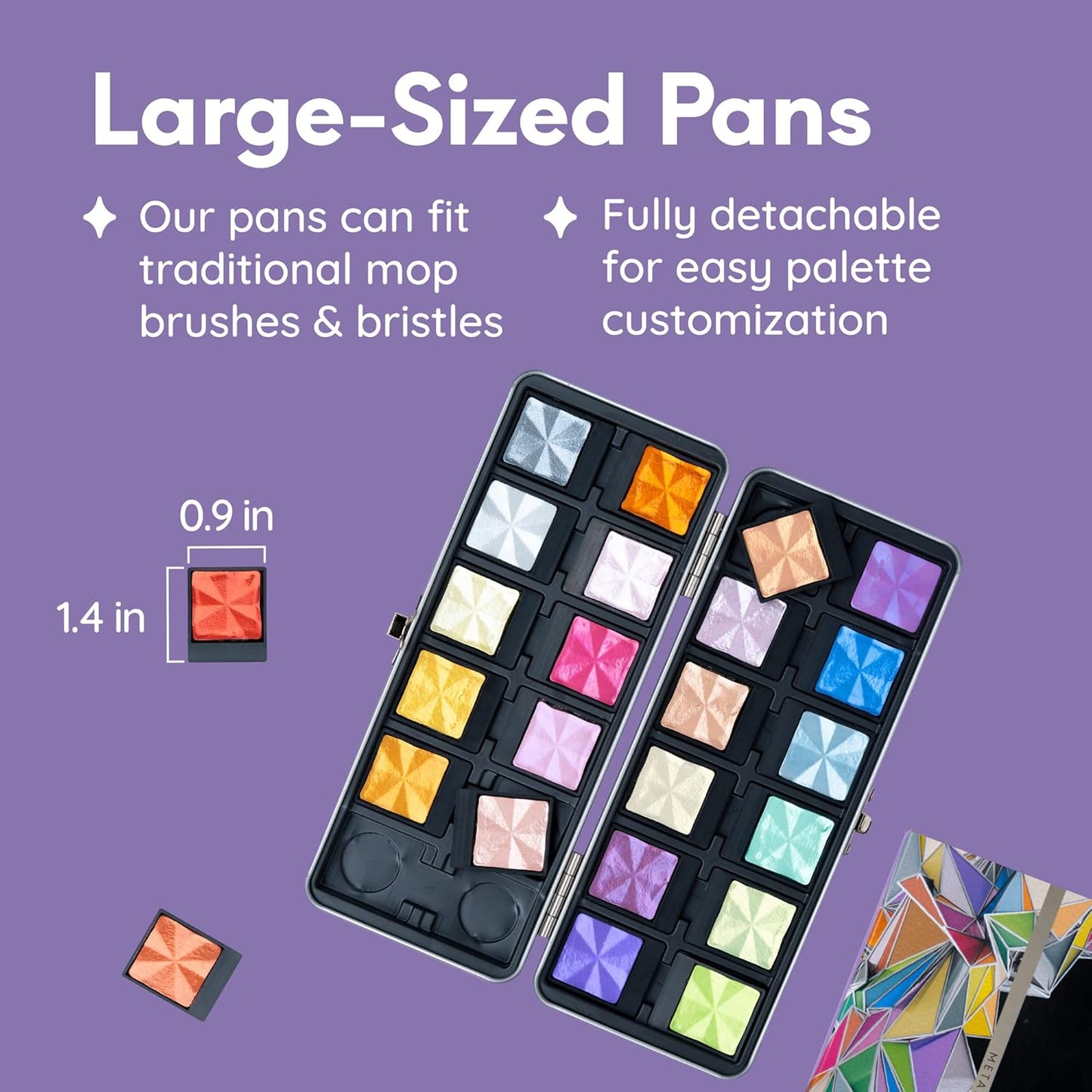 MozArt Supplies Komorebi Professional Metallic Watercolor Set - Portable Metal Box with Safety Lock and Fully Detachable Pans for Easy Customization - 24 Shimmering Colors for Arts and Crafts