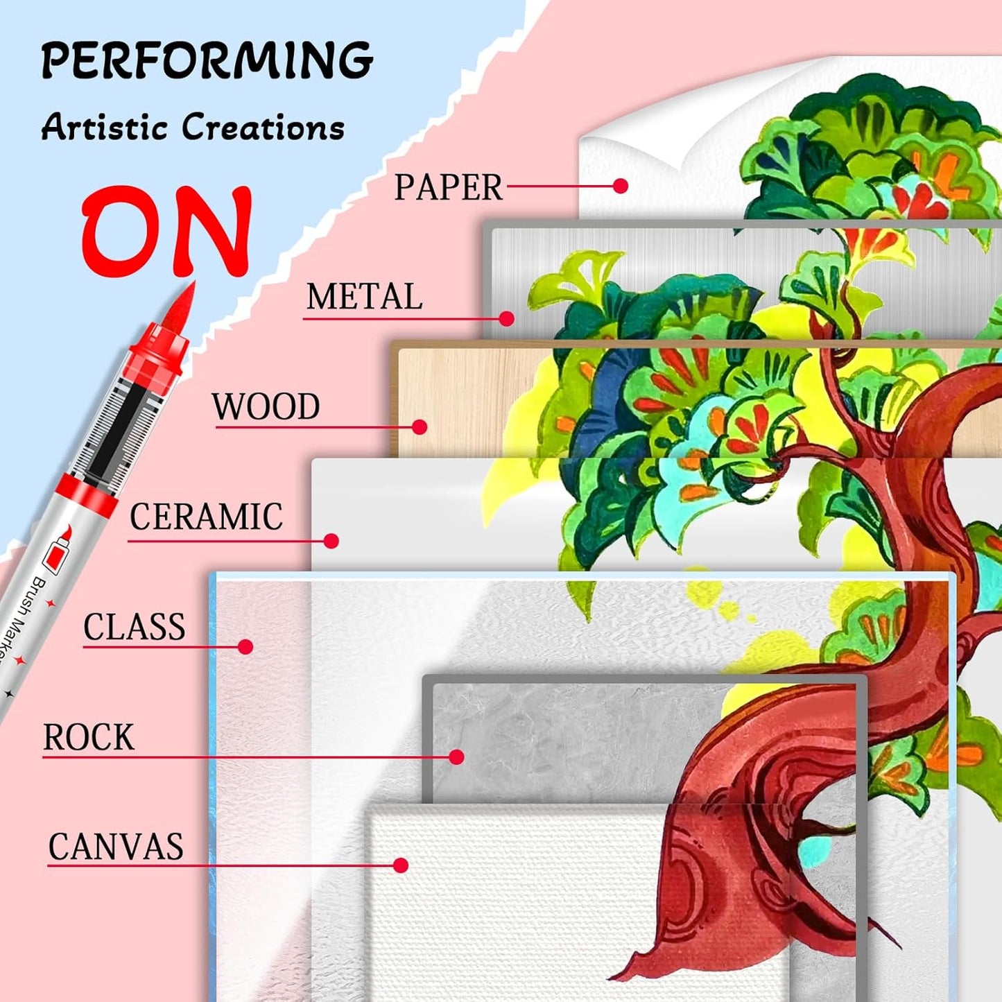 Betem Paint Markers Acrylic Paint Pens, 24 Colors Brush Tip Water Based Markers with Direct Ink System, Permanent Marker Colored Pens, Art Supplies for Rock Painting, Wood, Fabric, DIY Crafts Gift