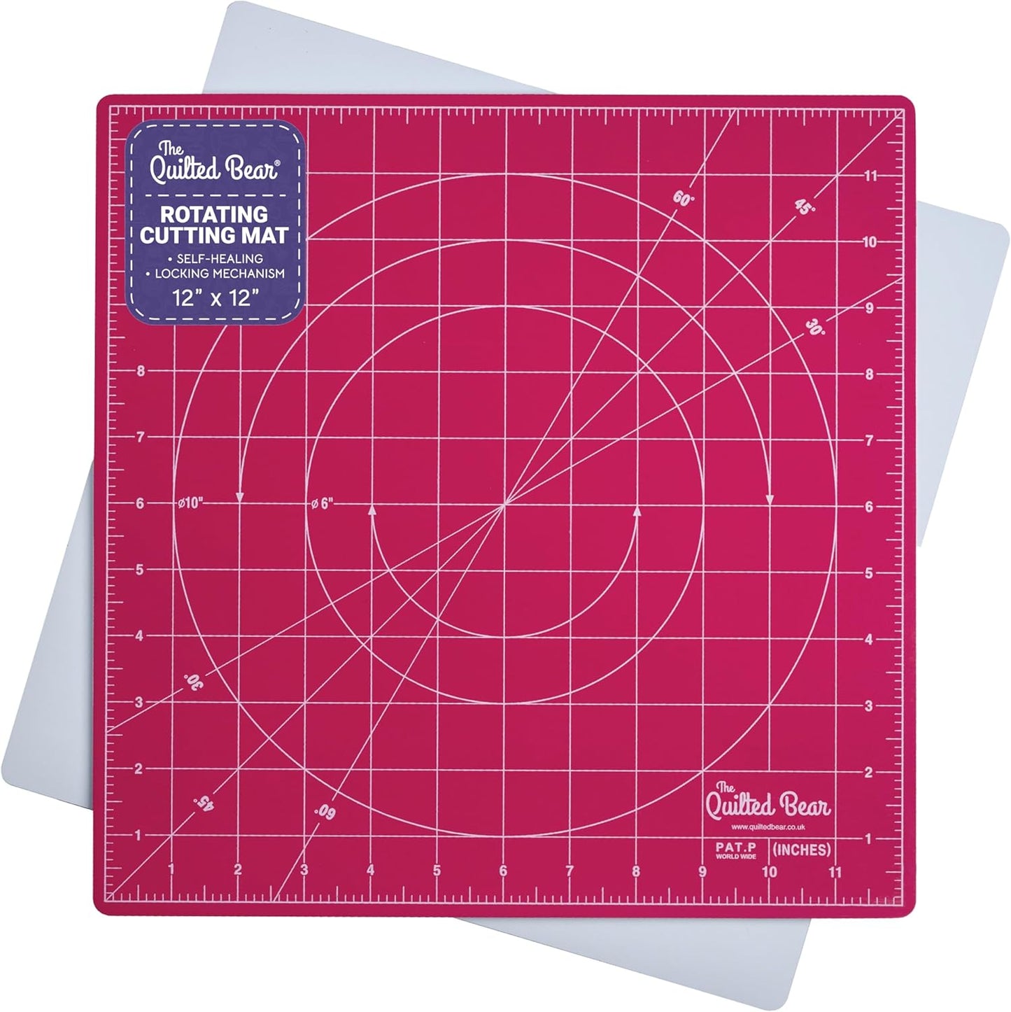 The Quilted Bear Rotating Cutting Mat 12" x 12" - Locking & Rotating Self Healing Cutting Board for Sewing, Fabric & Quilting - 360 Degree Sewing Supplies Mat for Craft Table (Pink)