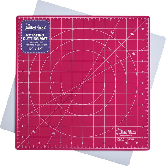The Quilted Bear Rotating Cutting Mat 12" x 12" - Locking & Rotating Self Healing Cutting Board for Sewing, Fabric & Quilting - 360 Degree Sewing Supplies Mat for Craft Table (Pink)