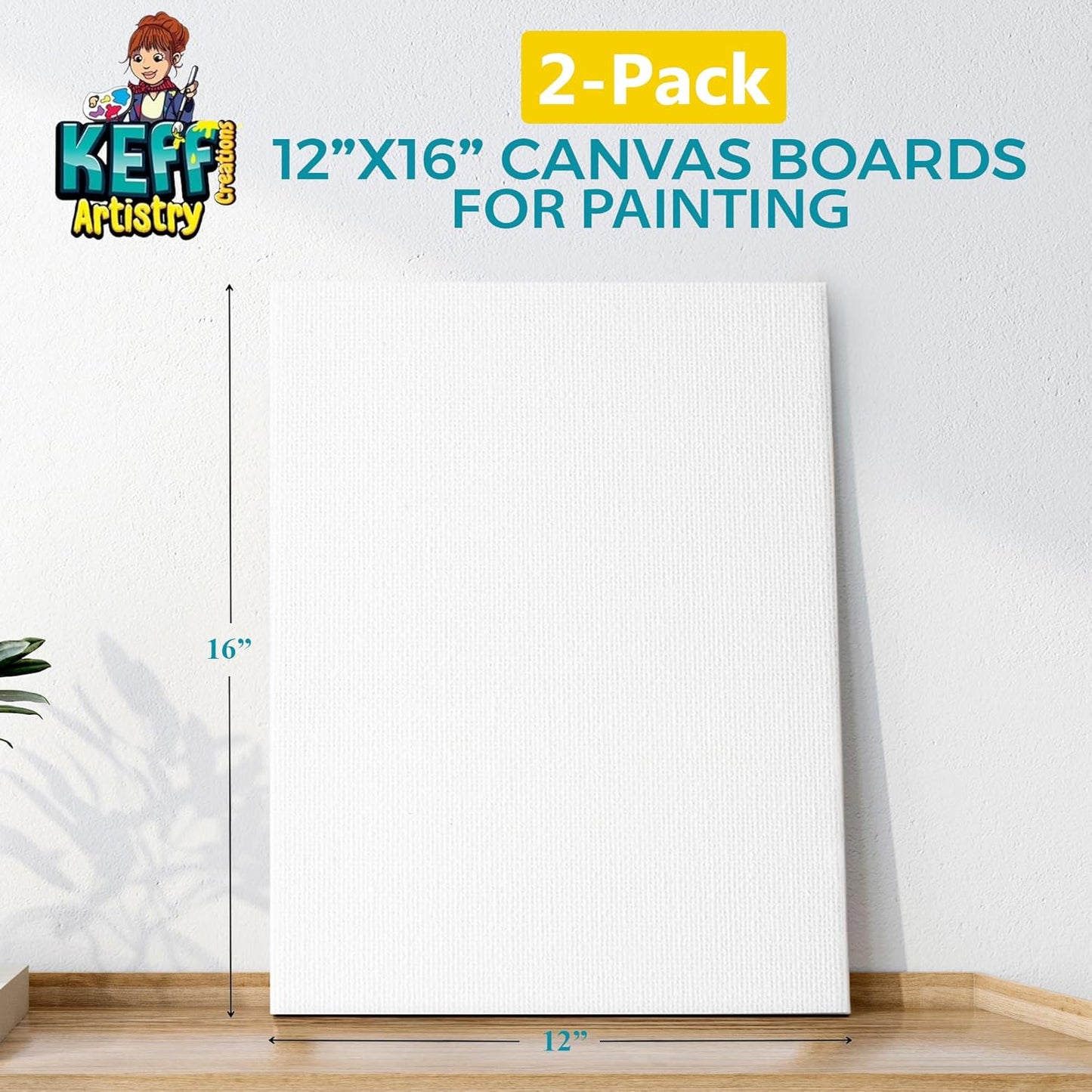 KEFF Canvas Boards for Painting - 12x16 2-Pack Bulk Canvas Panels, 100% Cotton Triple Primed Large Canvases for Art Painting Supplies, Acrylic, Oil, Watercolor & Tempera