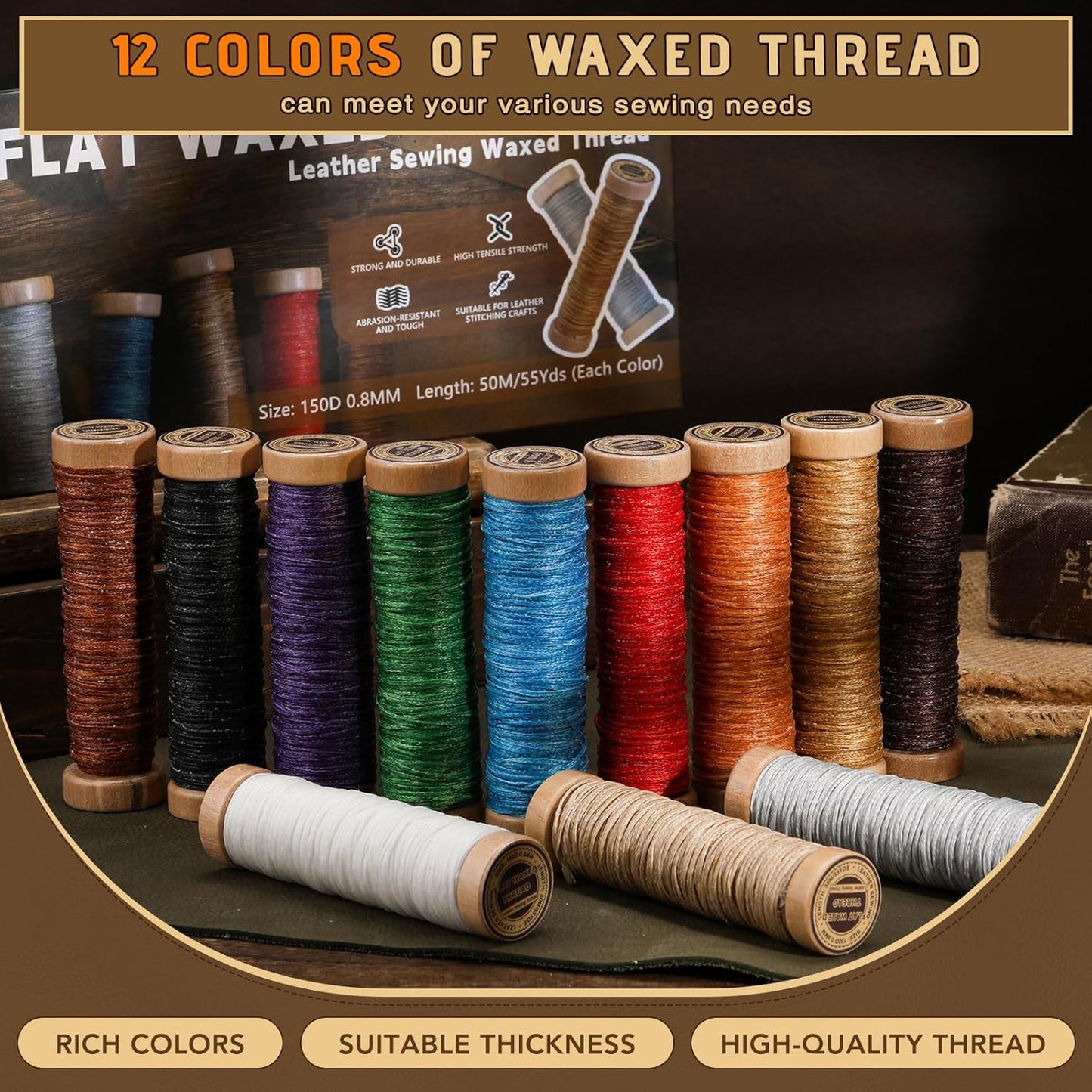 12 Colors Waxed Thread for Leather Sewing, 660 Yards Flat Leather Sewing Thread, 150D Waxed Cord for Stitching Repairing Book Binding Canvas Sofa Furniture