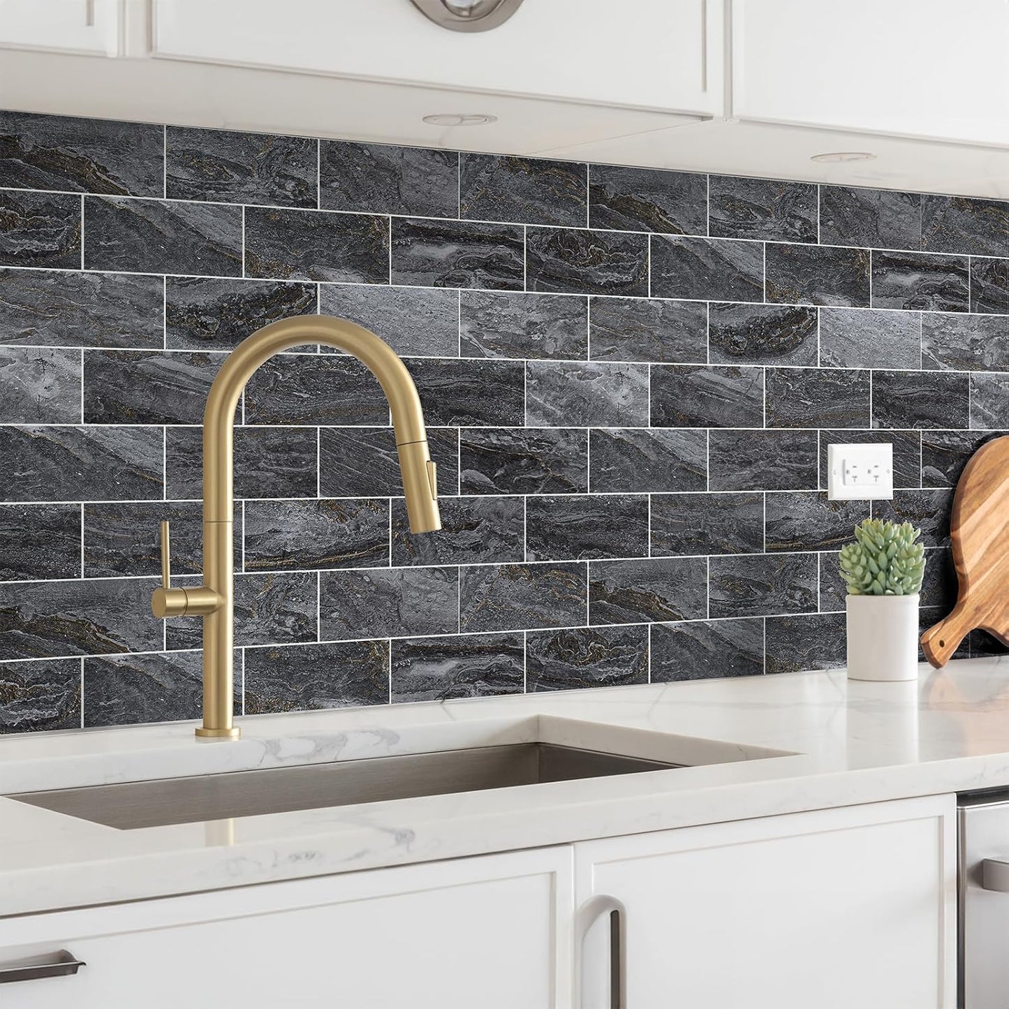 100 Pieces Peel and Stick Backsplash for Kitchen, 3" x 6" PVC Subway Tile 2025 Upgraded Gray-Gold Stone Backsplash Stick on Tile Elevate Kitchen Fireplace RV