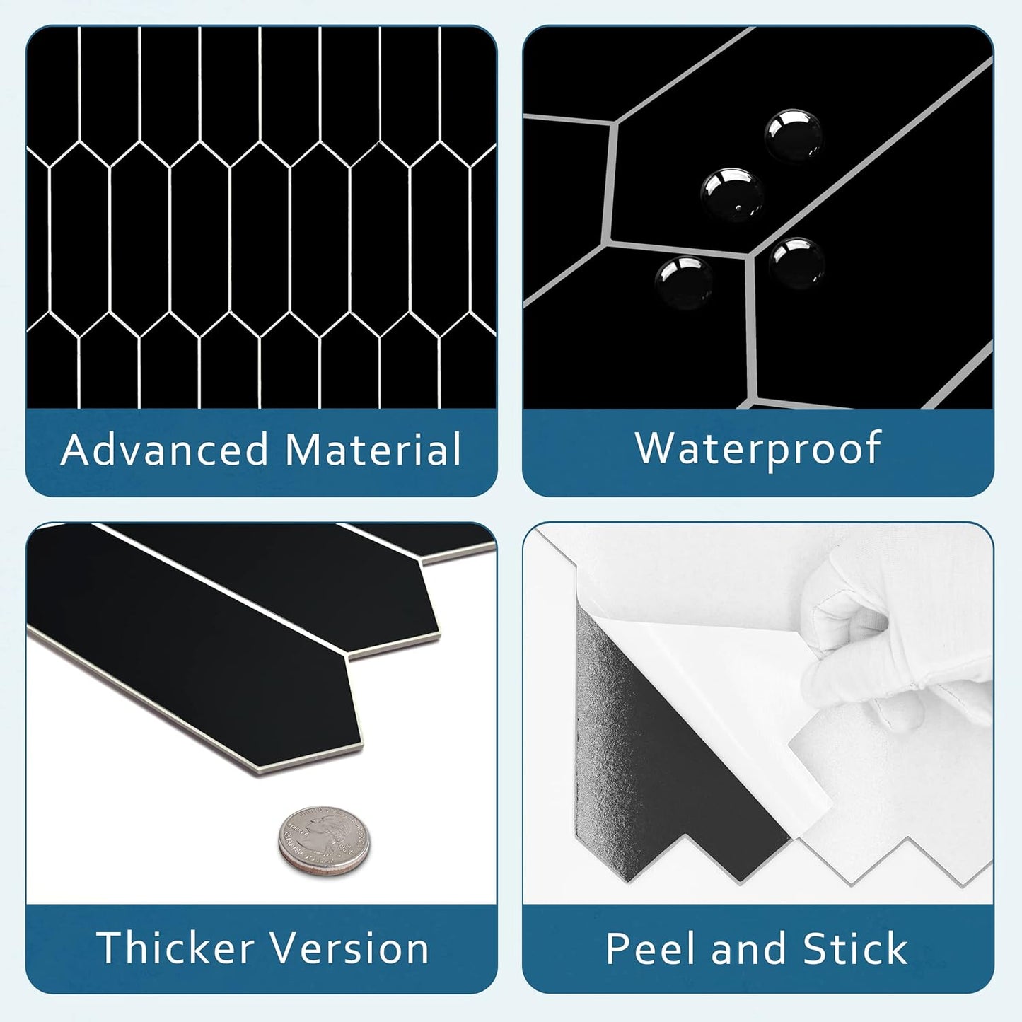 SUNWINGS Backsplash Tile for Kitchen Peel and Stick, Stone Composite Self Adhesive Tiles Long Hexagon Mosaic Wall Tile for Kitchen, 12 Inch x 11.22 Inch 10 Sheets Black Matte