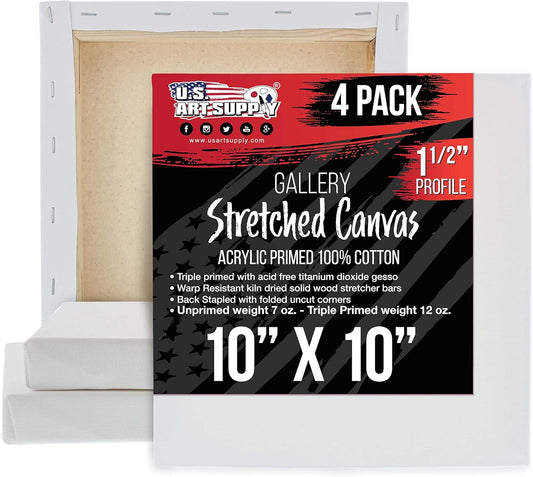 U.S. Art Supply Square Stretched Canvas for Painting 10x10 inch Gallery Depth 1-1/2" Thick, 4-Pack - 12oz Acrylic Gesso Triple Primed, Professional Artist Quality, 100% Cotton - Pouring, Oil Paint