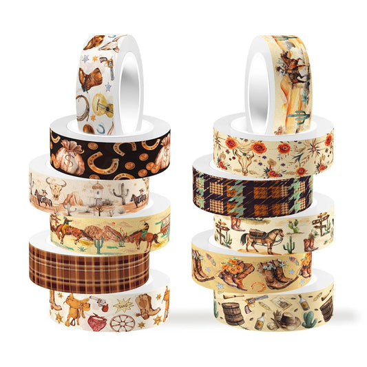 12 Rolls Western Washi Tapes, Wild West Cowboy Masking Tapes, Cowboy and Cowgirl Decorative Adhesive Stickers for Handbook Sticker Scrapbook Journaling Party Supplies DIY Craft Gift Wrapping 16.4FT
