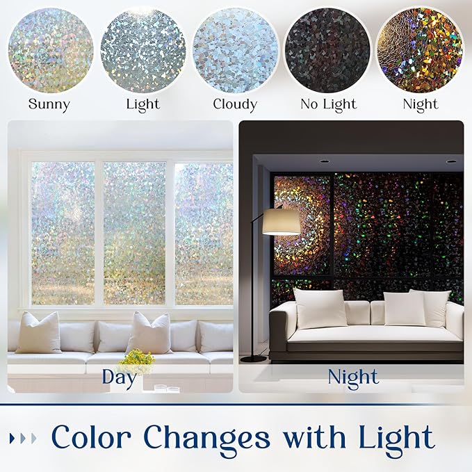 Haton Window Privacy Film Rainbow Film Stained Glass Window Clings, 3D Decorative UV Sun Blocking Sticker, Removable Static Cling Heat Control Tint for Home Door, 23.6" x 157.4" Non-Adhesive