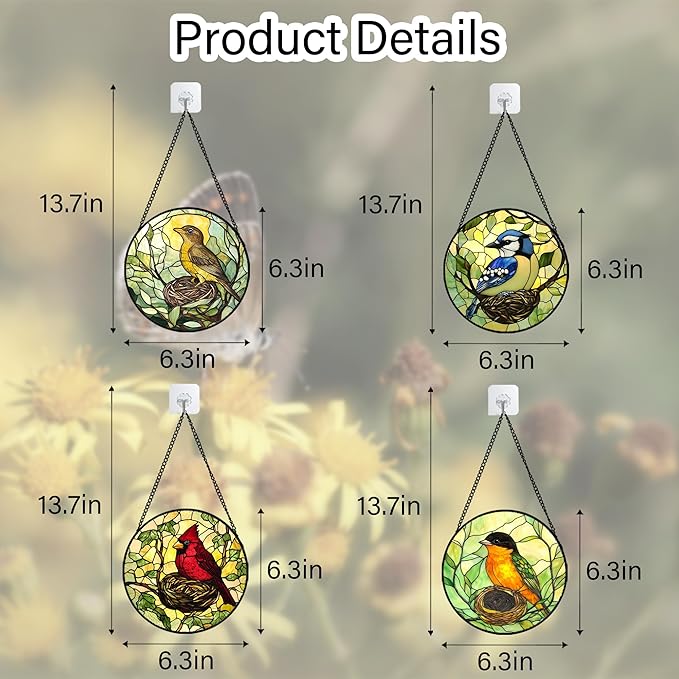 Stained Glass Window Hanging 4 Pcs Set Bird Theme On Branch 6.3" - Cardinal Suncatcher Door Garden Sun Catcher Decor Birthday Christmas for Mom Woman Nana Men