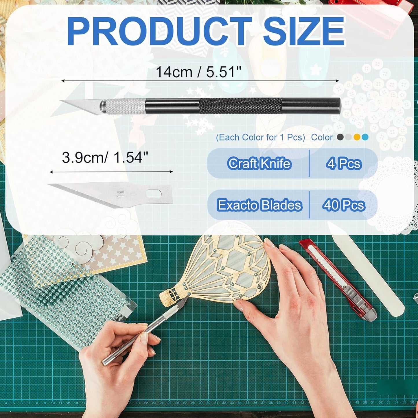 MECCANIXITY 4 Pcs Exacto Knife, Craft Hobby Knife with 40 Exacto Blades(#11) Profession Craft Knives for Crafting, Modeling, Scrapbooking (Gold, Blue, Black, Silvery)