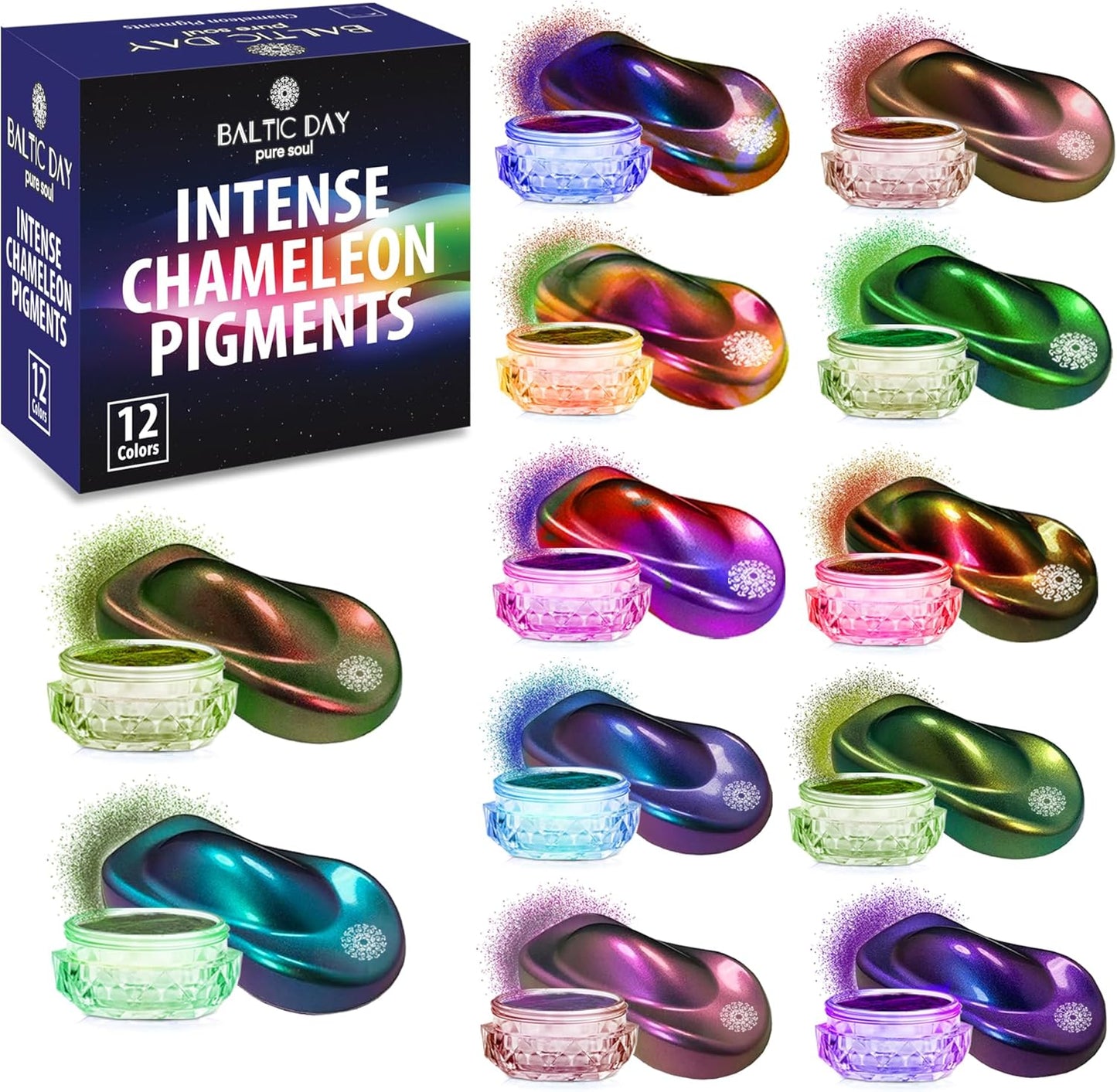 BALTIC DAY Intense Chameleon Mica Powder Set – 12 Hypershift Ultra-Fine Chrome Color Shift Pigments for Epoxy Resin, Tumblers, Nails, Paint & Soap Making