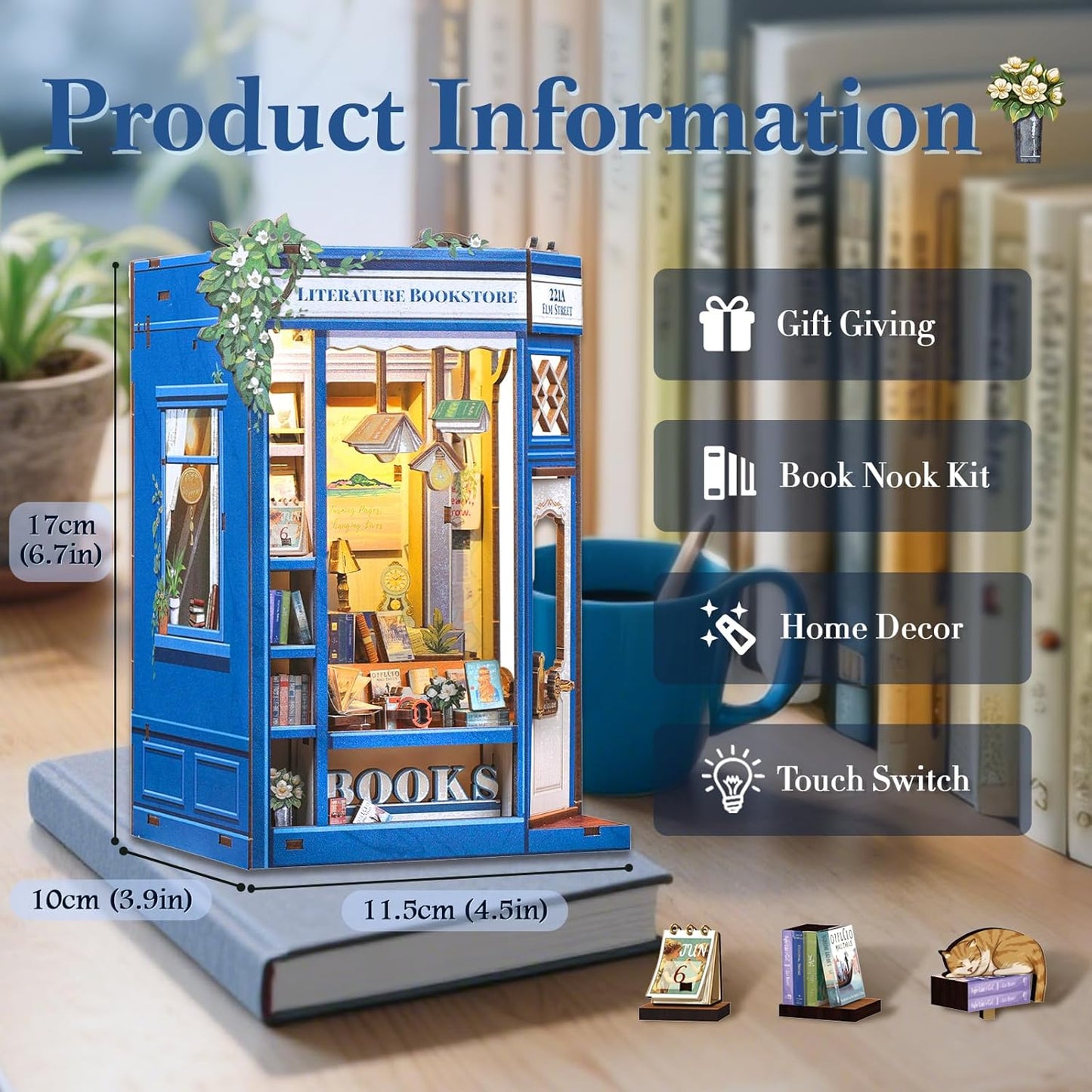 Fsolis Book Nook Kit - DIY Miniature Dollhouse Kit 3D Puzzles for Adult Tiny House Mini Booknook Craft Bookshelf Decor, 186 Wooden Pieces, Gifts for Women Teenagers Book Lovers (Literature Bookstore)