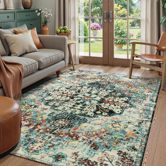 Lahome Bohemian Floral Medallion Area Rug - 4x6 Teal Soft Bedroom Rug Washable Entryway Mat, Non Slip Pet Friendly Indoor Floor Accent Carpet for Bathroom Mudroom Basement Studio