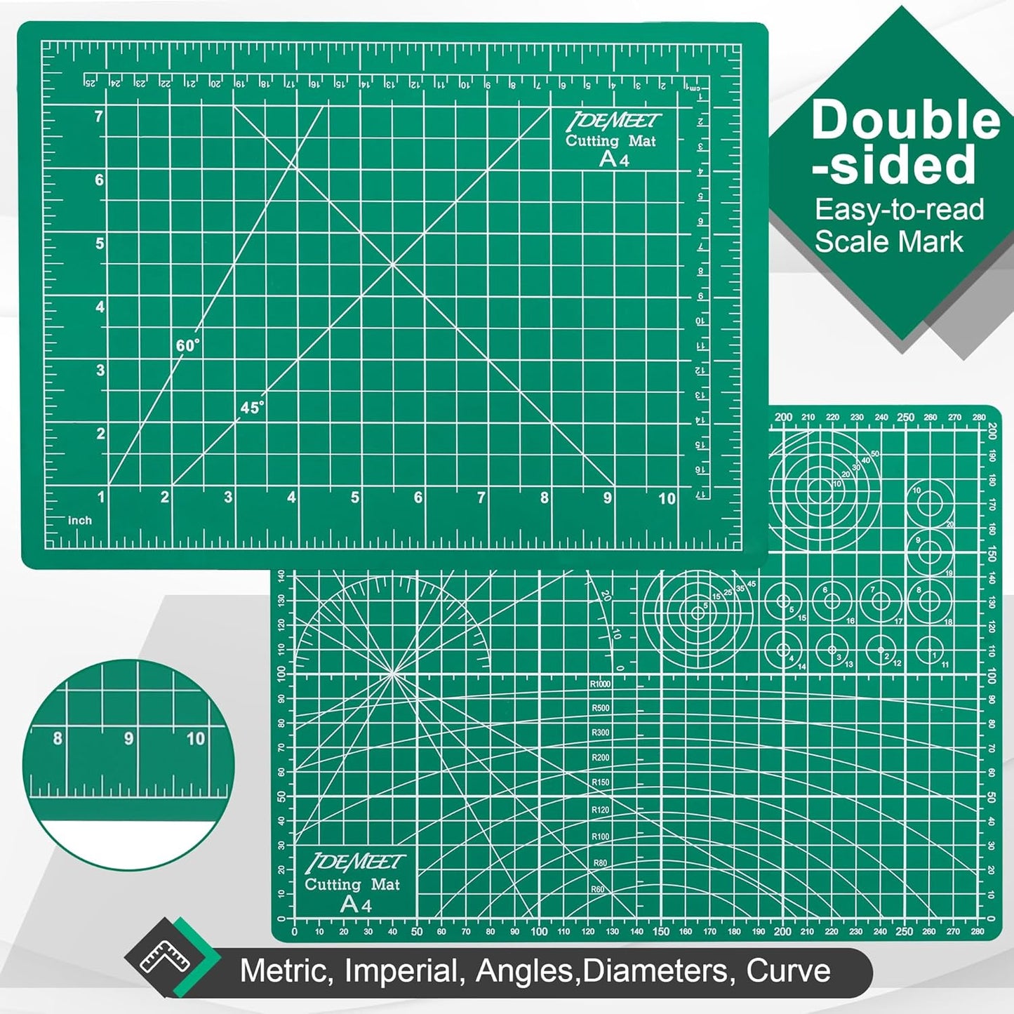 Density-upgraded 9"x12" Self Healing Cutting Mat, Idemeet Rotary Sewing Mat for Crafts, 5-Ply Blade Table Protector Cut Board for Fabric Leather Cutting Quilting Modeling Hobby Project, A4, Green