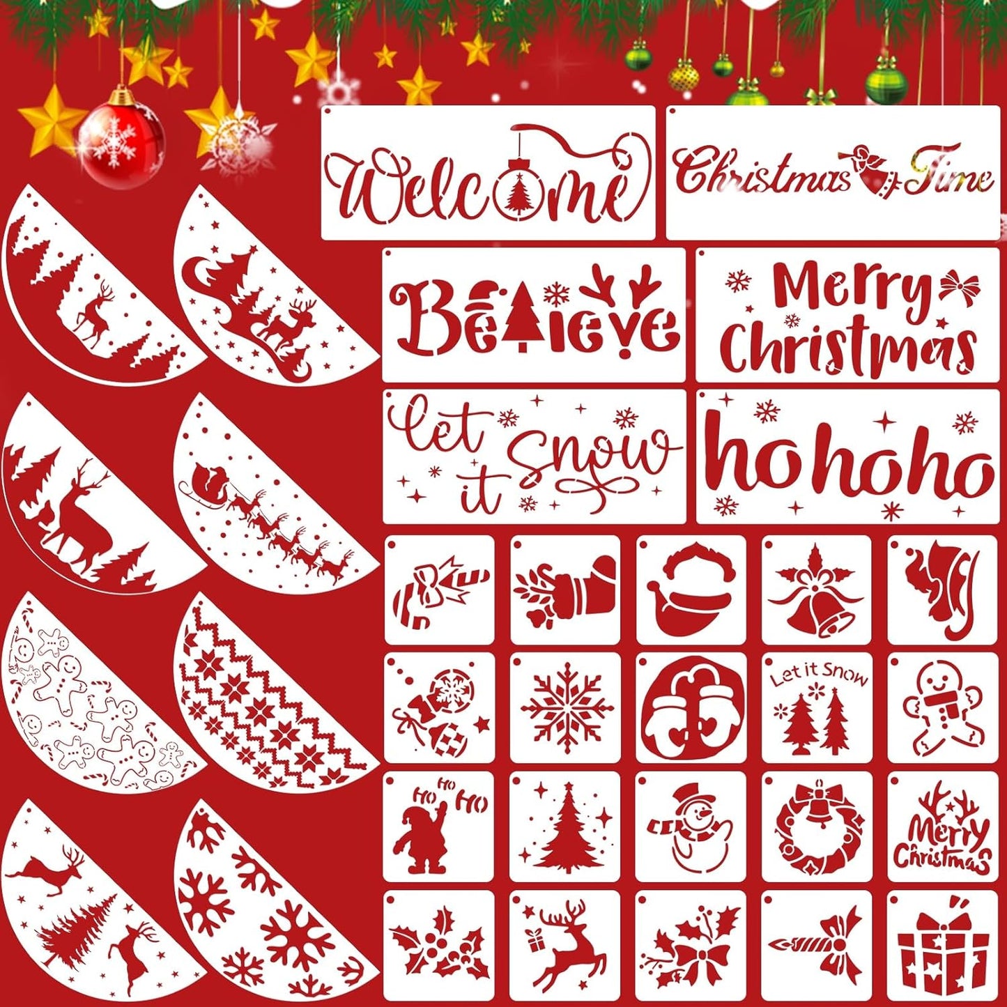 34pcs Christmas Stencils for Painting On Wood Reusable Xmas Stencils Set Holiday Templates for DIY Crafts Home Decor Art Projects
