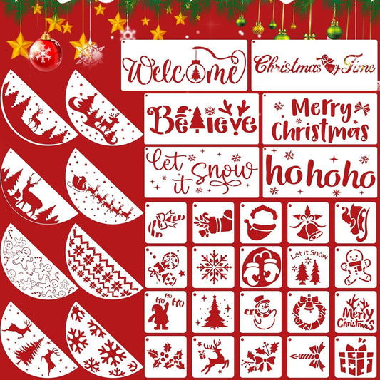34pcs Christmas Stencils for Painting On Wood Reusable Xmas Stencils Set Holiday Templates for DIY Crafts Home Decor Art Projects