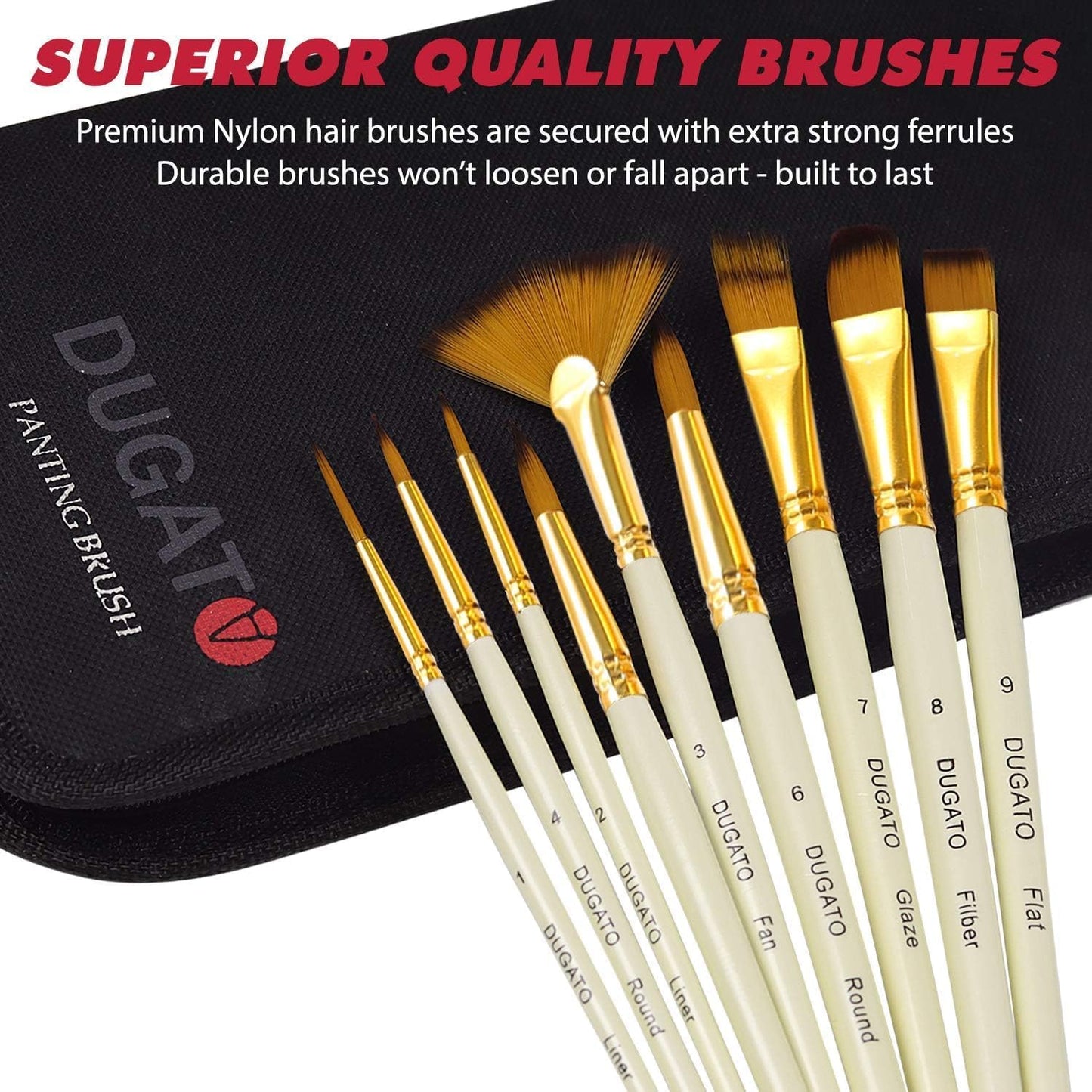 DUGATO 15pc Artist Paint Brush Set with Pop-Up Case, Palette Knife & Sponges - Nylon Hair for Acrylic, Oil, Watercolor, Gouache, Model & Craft Painting