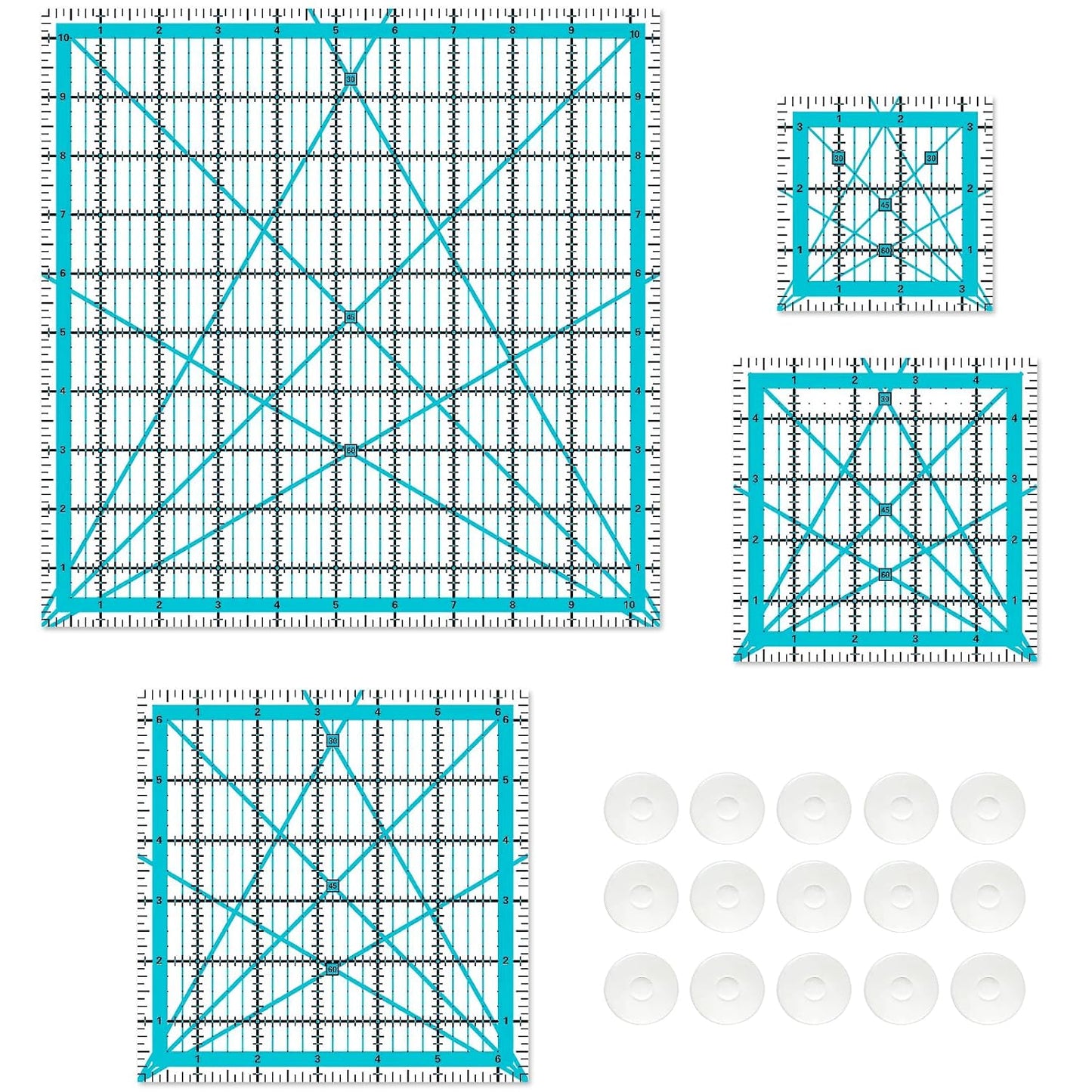 Quilting Rulers, Sewing Rulers, 4 Piece Quilting Square Templates, Acrylic Rulers with Non-Slip Rings for Sewing (3.5"X3.5", 5"X5", 6.5"X6.5", 10.5"X10.5") (Blue)