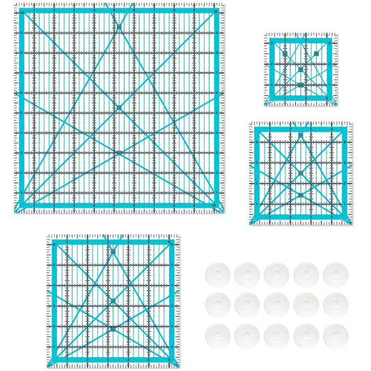 Quilting Rulers, Sewing Rulers, 4 Piece Quilting Square Templates, Acrylic Rulers with Non-Slip Rings for Sewing (3.5"X3.5", 5"X5", 6.5"X6.5", 10.5"X10.5") (Blue)