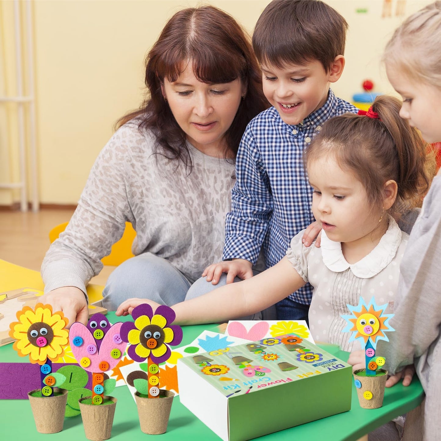 WATINC Mother's Day Spring Felt Flower Craft Kits - Make Your Standing Flowers Gift Crafts with Buttons Flower Pot Decor, DIY Flowers Decorations Home School Fun Activities for Mom Kids (16Pcs)