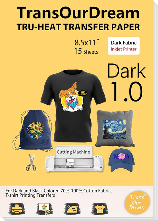 TransOurDream Tru-Iron on Heat Transfer Paper for Dark Fabric (15 Sheets, 8.5x11") T Shirt Transfers Paper for Inkjet Printer Printable Heat Transfer Vinyl for T-Shirts (TOD-7-15)