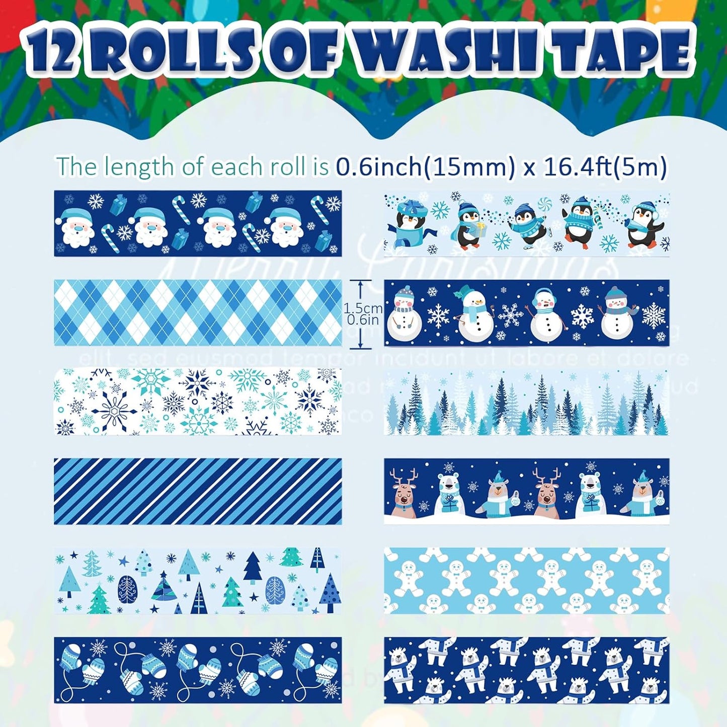 12 Rolls Winter Washi Tape Set Blue White Snowflake Snowman Holiday Masking Tape Xmas Tree Reindeer Penguin Holiday Decorative Tapes for Scrapbook Journal DIY Craft Gift Wrapping Party Decor 16.4FT