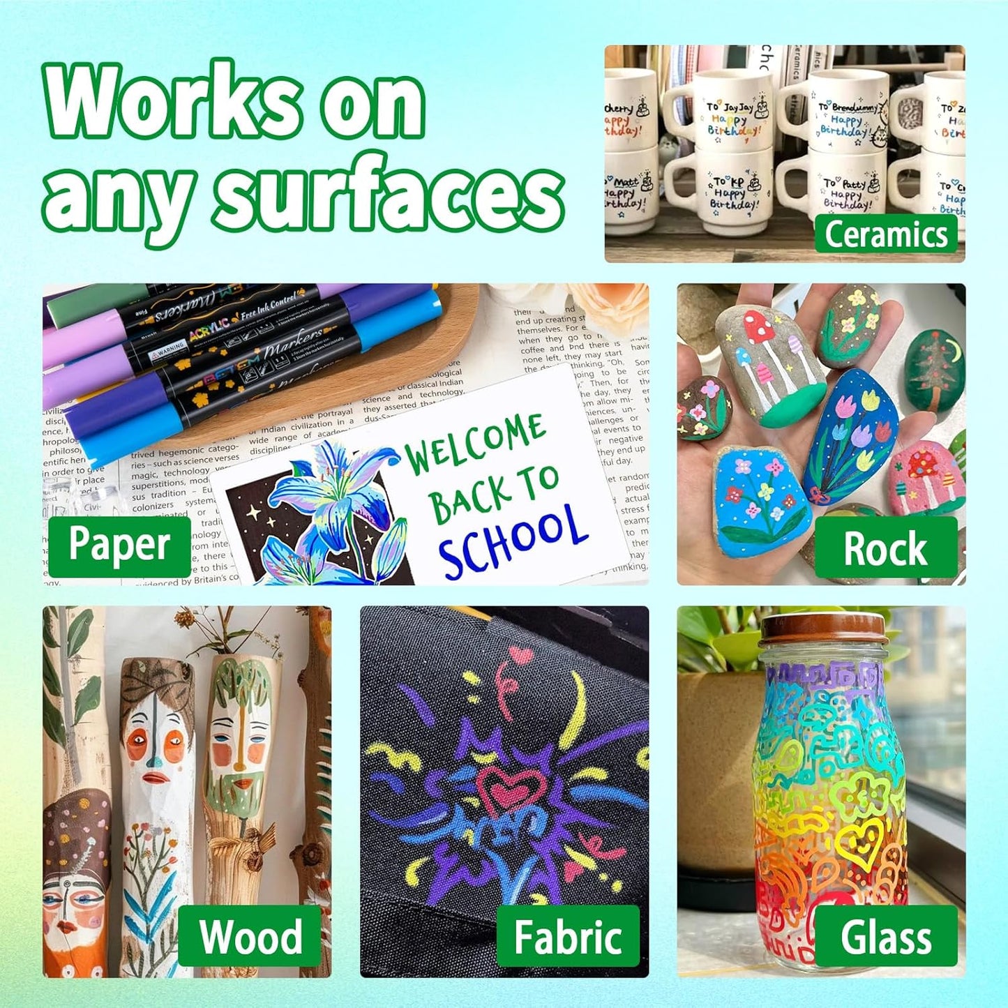 Betem Acrylic Paint Markers Paint Pens, 24 Colors Dual Tip Direct Liquid Acrylic Markers with Automatic Ink Control System, Fine & Brush Tip Art Supplies for Rocks, Wood, Stone, Fabrics, DIY Craft