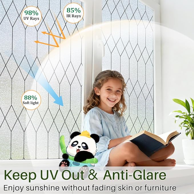 Windimiley Window Privacy Film Stained Glass Static Clings, Bathroom Frosted Leaded Decorative Window Stickers, UV Heat Blocking Opaque Removable for Home Door Coverings (29.5 x 118.1in,Pure)