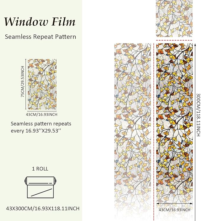 Fall Stained Glass Rainbow Window Privacy Film Autumn Leaf Window Cling, Stained Ginkgo Leaves, 118.11" x 16.93"