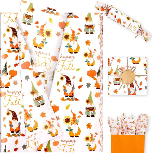 Azurestore 60 Sheets Fall Tissue Paper, Orange Gnomes Patterns Gift Tissue Paper for Gift Bags & Gifts Wrapping, Pumpkin Leaves Print Art Packaging for Autumn Harvest Thanksgiving Party Decor Craft