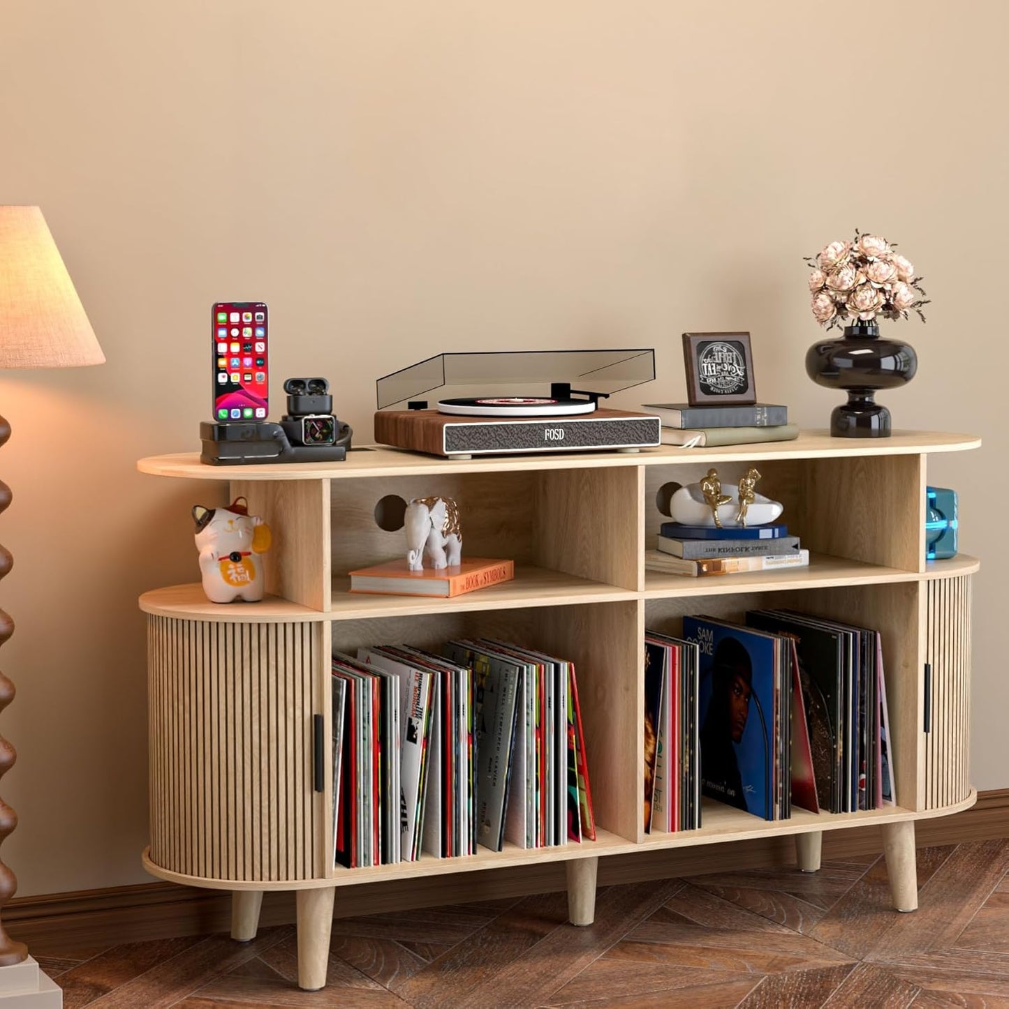 Large Round Record Player Stand with Charging Station & USB Ports，Record Storage Cabinet, Mid Century Modern Turntable Stand for Bedroom Living Room (Oak)