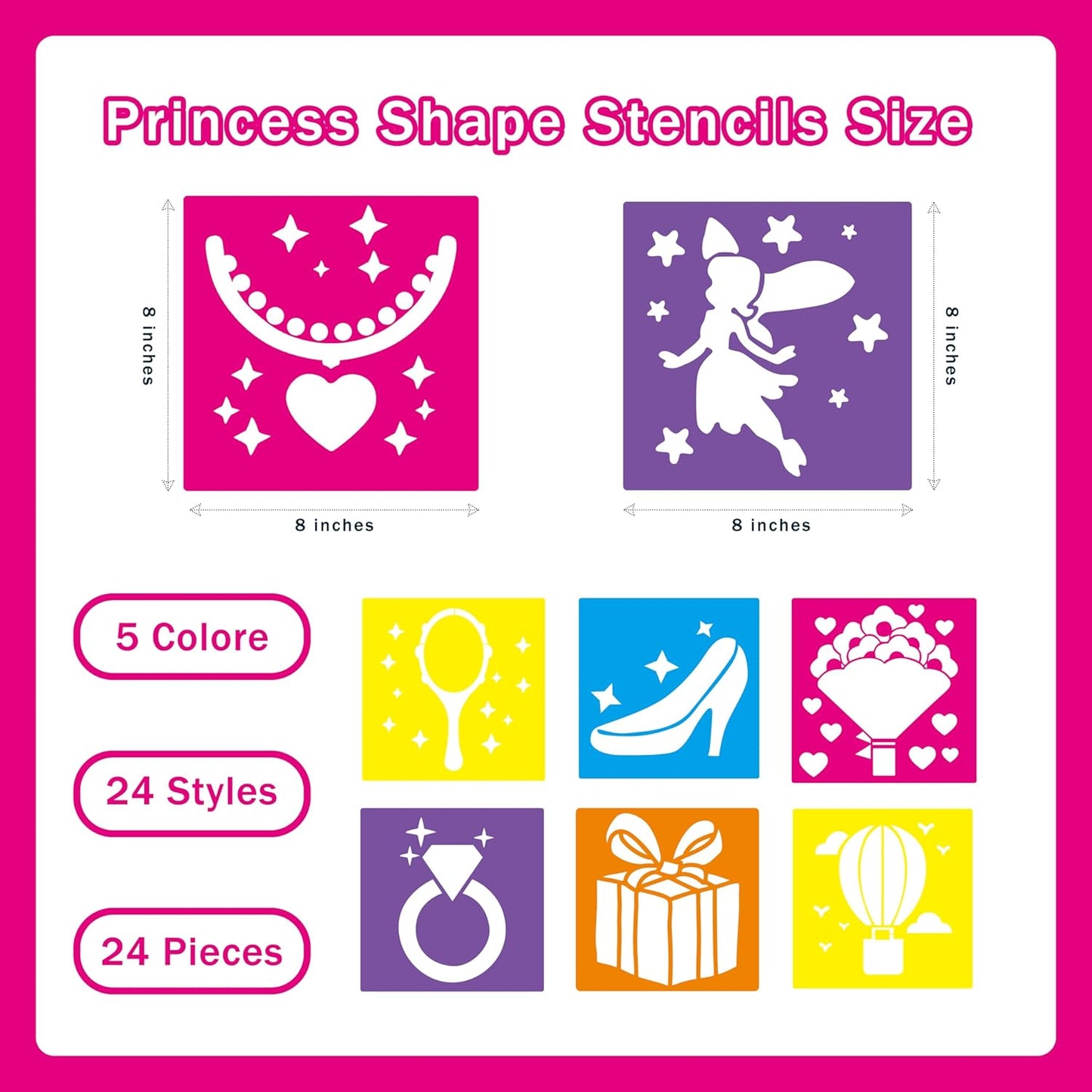 24 Pieces Stencils for Kids,Large Drawing Stencils Chalk Template,8 Inches Washable Shape Template Kit for Crafts,Painting Drawing for Kids Toddlers Preschool(Princess, 8 inch)