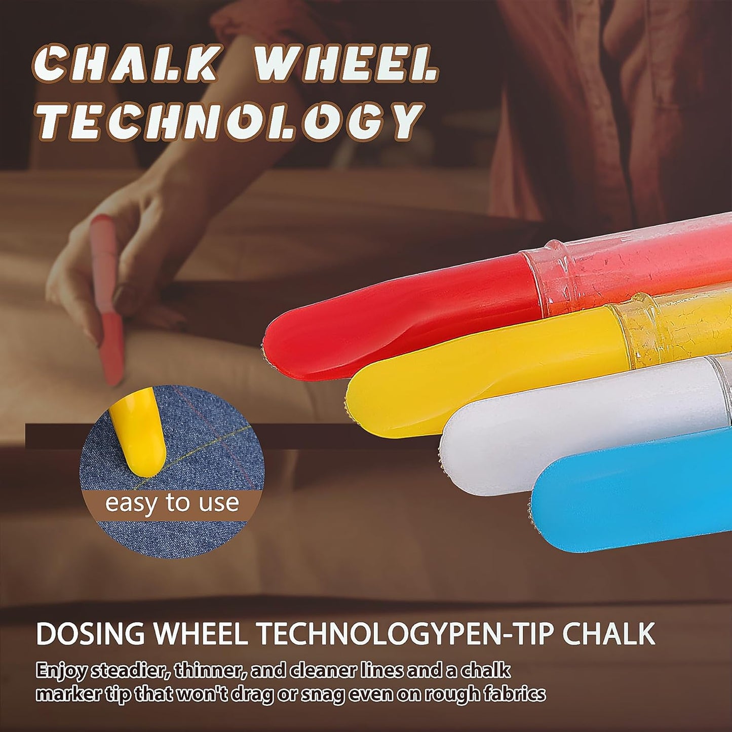 Fabric Chalk Markers for Sewing,Quilting,Crafting|Erasable Tailor Chalk|Work on Various Fabrics|Dosing Wheel Drawing Intricate Patterns Precise Lines-Per Pack(Red,Yellow,Blue,White and 1Ruler)