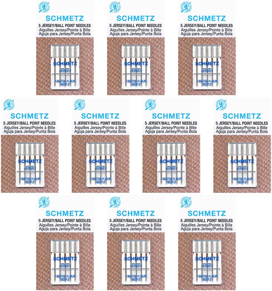 50 Schmetz Jersey Sewing Machine Needles - Size 80/12 - Box of 10 Cards